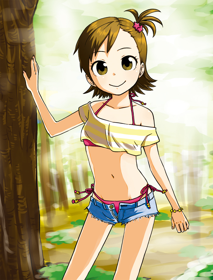 1girl, bad_id, bad_pixiv_id, bare_shoulders, bikini, bikini_under_clothes, crop_top, female_focus, flat_chest, futami_mami, hanatsuka, idolmaster, idolmaster_(classic), navel, open_fly, short_hair, short_shorts, shorts, side-tie_bikini_bottom, side_ponytail, smile, solo, swimsuit, swimsuit_under_clothes, unbuttoned, unzipped