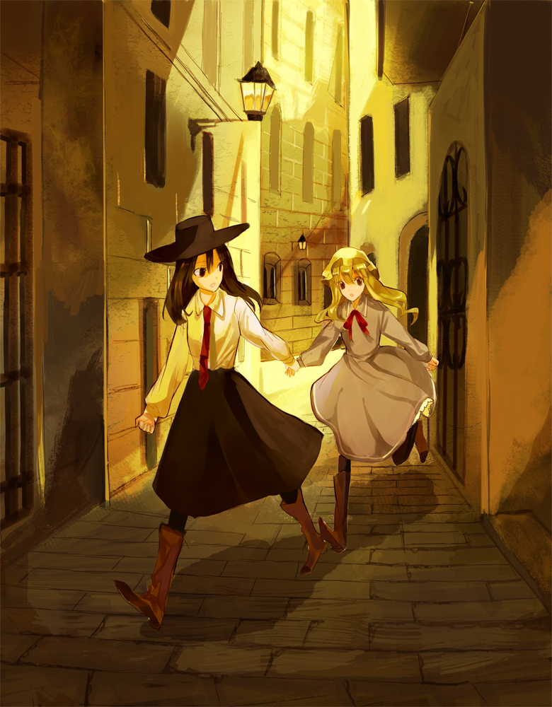 2girls, alley, bad_id, bad_pixiv_id, blonde_hair, boots, brown_hair, building, city, dress, female_focus, ghostly_field_club, holding_hands, hat, kol49, lamp, lantern, long_hair, long_sleeves, looking_back, maribel_hearn, multiple_girls, necktie, road, short_hair, street, ton_(pixiv37657), touhou, usami_renko, walking, window, yellow_theme