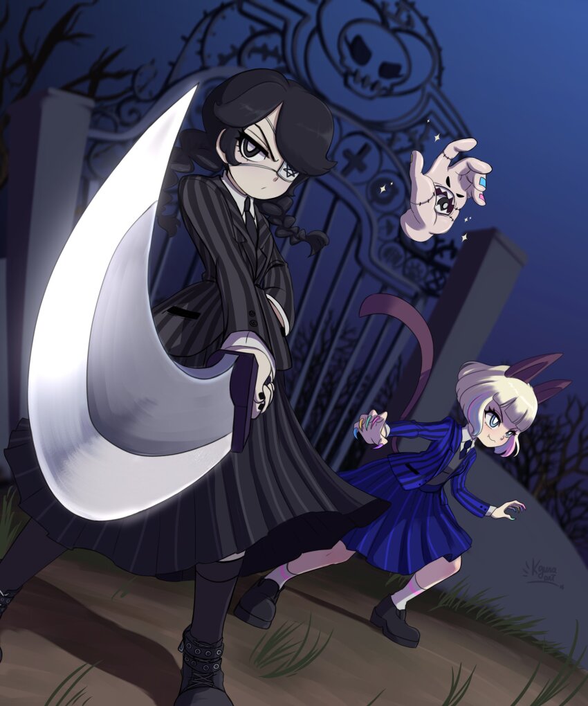 2girls, absurdres, the_addams_family, alternate_costume, annie_(skullgirls), black_hair, blue_eyes, bob_cut