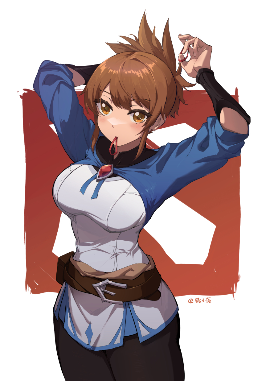 1girl, absurdres, adjusting_hair, arms_up, belt, blue_jacket, breasts, brown_eyes