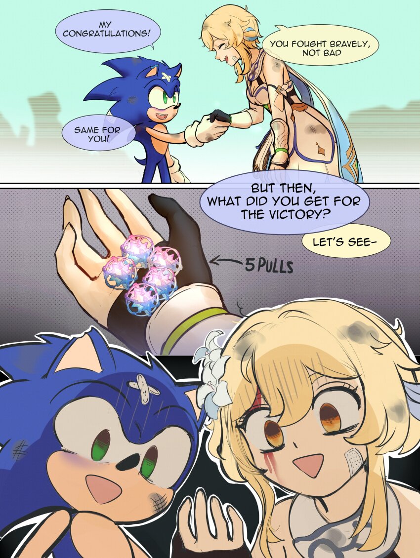 1boy, 1girl, 2koma, absurdres, bandaid, bent_over, blonde_hair, blood, blood_on_face, breasts, cleavage, comic, commentary, crossover, detached_sleeves, empty_eyes, english_commentary, english_text, eyebrows_hidden_by_hair, flower, furry, furry_male, genshin_impact, gloves, green_eyes, hair_flower, hair_ornament, highres, holding_hands, injury, intertwined_fate, lumine_(genshin_impact), medium_breasts, medium_hair, open_mouth, orange_hair, outdoors, partially_fingerless_gloves, sidelocks, sonic_(series), sonic_frontiers, sonic_the_hedgehog, speech_bubble, standing, teeth, the_game_awards, vitoriacampos5