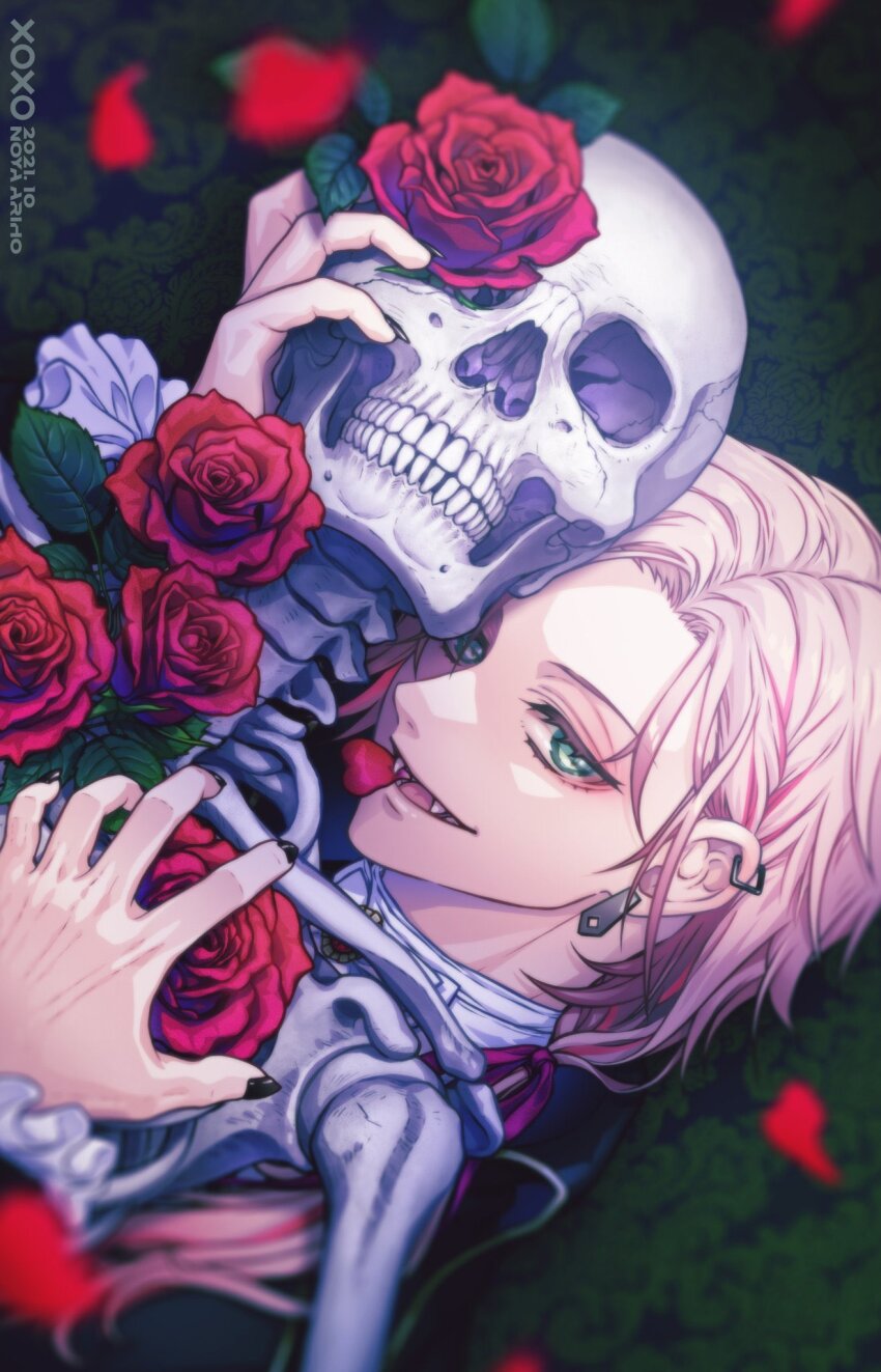 1boy, alternate_costume, black_jacket, black_nails, bow, bowtie, brooch, earrings