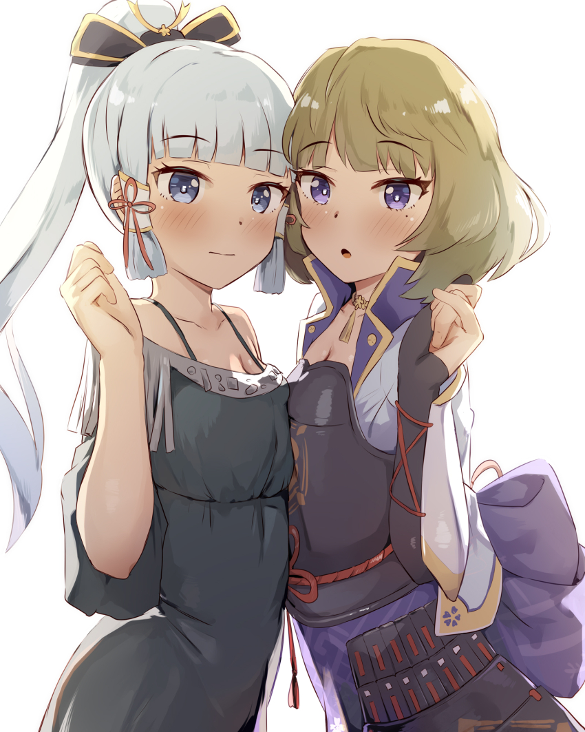 2girls, :o, armor, ayaka_(genshin_impact), black_dress, black_gloves, blue_eyes, blue_jacket, blue_skirt, blush, breastplate, breasts, brown_hair, cleavage, closed_mouth, collarbone, cosplay, costume_switch, dress, elbow_gloves, fingerless_gloves, genshin_impact, gloves, grey_hair, hand_up, hayami_saori, high_ponytail, highres, idolmaster, idolmaster_cinderella_girls, jacket, kamisato_ayaka_(cosplay), medium_breasts, mole, mole_under_eye, multiple_girls, off_shoulder, open_clothes, open_jacket, parted_lips, ponytail, purple_eyes, seneto, sidelocks, simple_background, skirt, takagaki_kaede, takagaki_kaede_(cosplay), voice_actor_connection, white_background