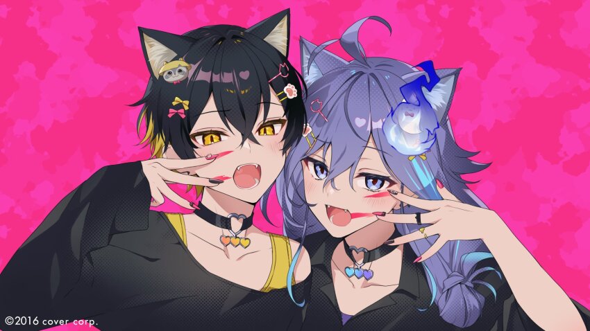 2boys, alternate_costume, animal_(vocaloid), animal_ears, antenna_hair, black_collar, black_hair, black_nails