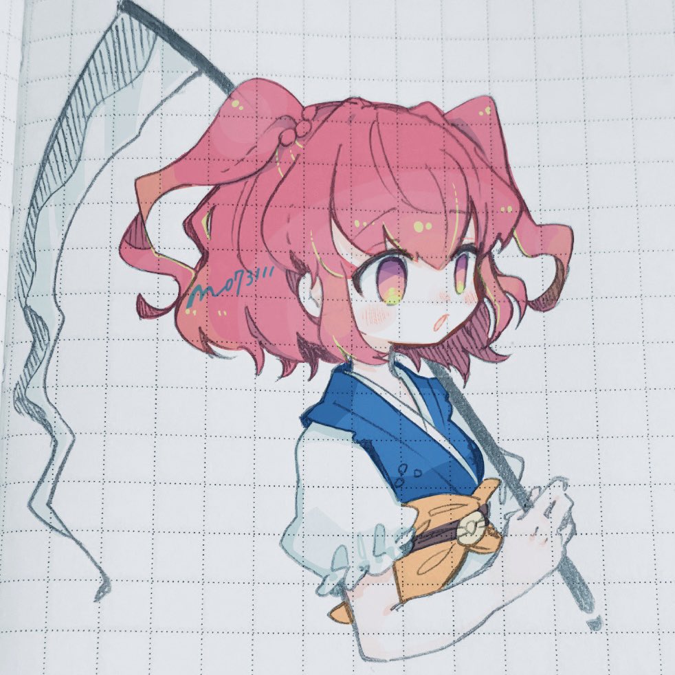 1girl, blue_dress, blush, brown_sash, coin, coin_on_string, dress, hair_between_eyes, hair_bobbles, hair_ornament, holding, holding_scythe, m_(m073111), onozuka_komachi, open_mouth, red_eyes, red_hair, scythe, short_hair, short_sleeves, solo, touhou, two_side_up, upper_body