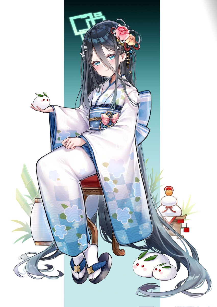 1girl, absurdly_long_hair, aris_(blue_archive), bamboo, black_hair, blue_archive, blue_eyes, blue_kimono