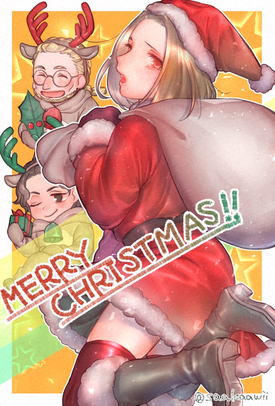 1girl, 2boys, alberto_(suikoden), annallee_(suikoden), black_hair, brown_eyes, brown_hair, christmas