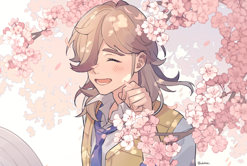 1boy, :d, arven_(pokemon), blush, brown_hair, closed_eyes, collared_shirt, commentary, eyelashes, falling_petals, flower, hair_over_one_eye, hand_up, long_hair, lower_teeth_only, male_focus, necktie, nintendo, open_mouth, pankona_(ubsssss), petals, pink_flower, pokemon, pokemon_scarlet_and_violet, shirt, smile, untranslatable_commentary, teeth, twitter_username, upper_body, vest, yellow_vest