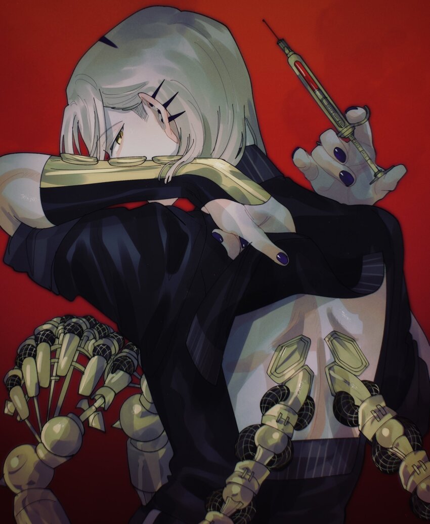 1boy, backless_outfit, backless_shirt, black_shirt, blonde_hair, clothes_lift, ear_piercing, extra_arms