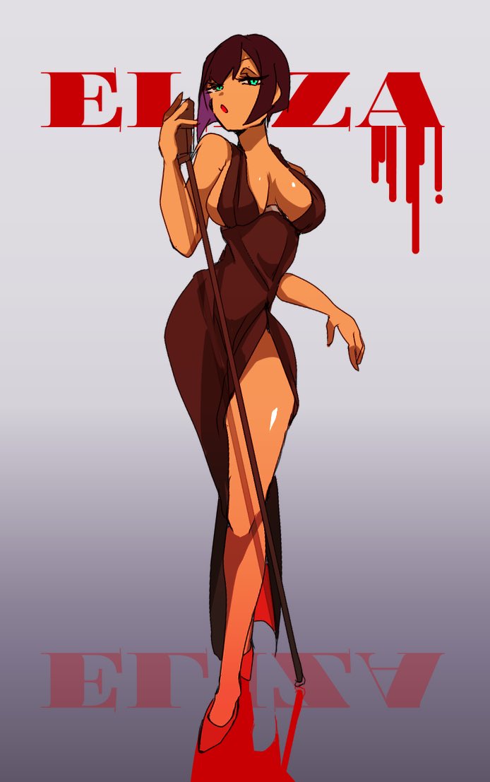 1girl, black_hair, blue_eyes, bob_cut, breasts, character_name, cleavage, dark-skinned_female