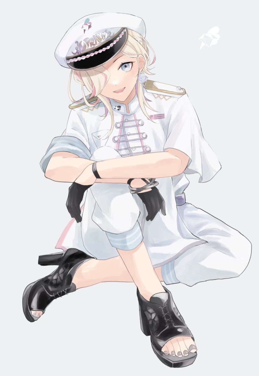 1boy, :d, anchor_symbol, black_footwear, black_gloves, blonde_hair, blue_eyes, bracelet