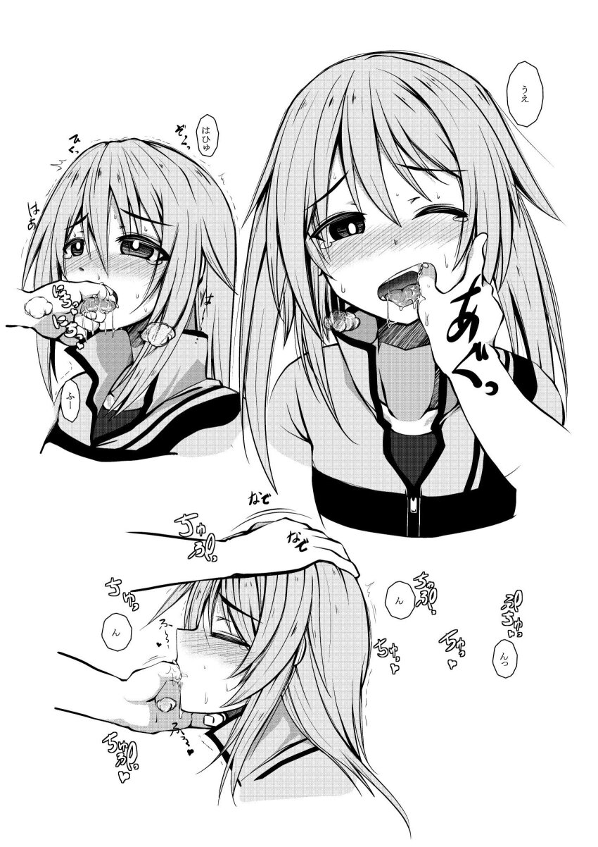 1girl, 1other, alice_gear_aegis, blush, finger_in_another's_mouth, finger_sucking, greyscale, hand_on_another's_head