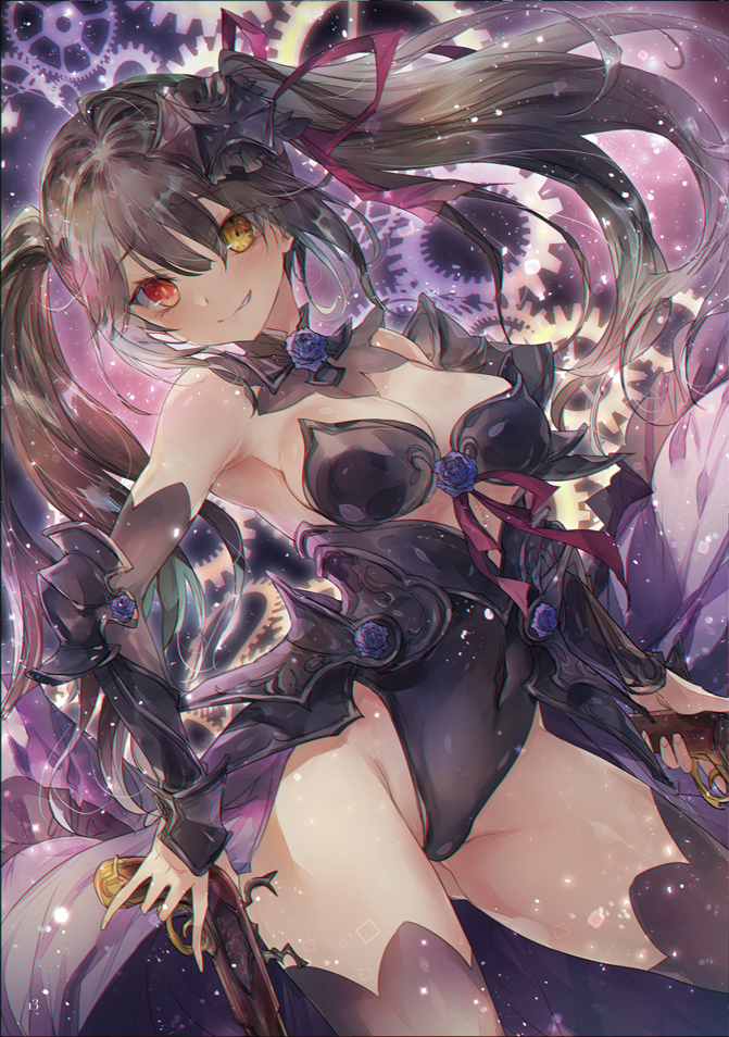 1girl, antique_firearm, armor, armored_leotard, black_hair, black_leotard, black_thighhighs, breasts, cleavage, covered_navel, cowboy_shot, date_a_live, detached_sleeves, dutch_angle, firearm, firelock, flintlock, gears, grin, gun, hair_between_eyes, hair_ribbon, heterochromia, hip_bones, holding, holding_gun, holding_weapon, kobayashi_yoshitaka, leaning_forward, leotard, long_hair, looking_at_viewer, medium_breasts, purple_ribbon, red_eyes, ribbon, smile, solo, thighhighs, tokisaki_kurumi, twintails, weapon, yellow_eyes