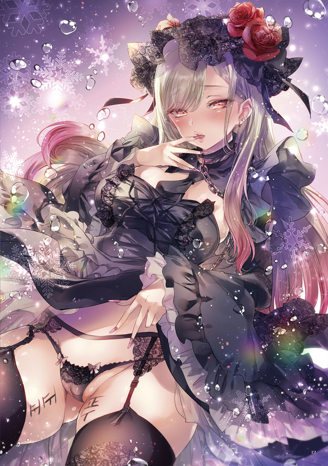 1girl, black_dress, black_panties, black_thighhighs, blush, body_writing, bonnet, cameltoe, chain, chain_leash, detached_sleeves, dress, earrings, fat_mons, finger_to_mouth, flower, frilled_hat, frilled_panties, frilled_sleeves, frills, garter_belt, garter_straps, hat, hat_flower, jewelry, kitagawa_marin, kobayashi_yoshitaka, lace, lace-trimmed_panties, lace_trim, leash, long_hair, looking_at_viewer, panties, pink_nails, red_flower, red_rose, rose, skindentation, snowflakes, solo, sono_bisque_doll_wa_koi_wo_suru, thighhighs, underwear, water_drop, white_hair, wide_sleeves