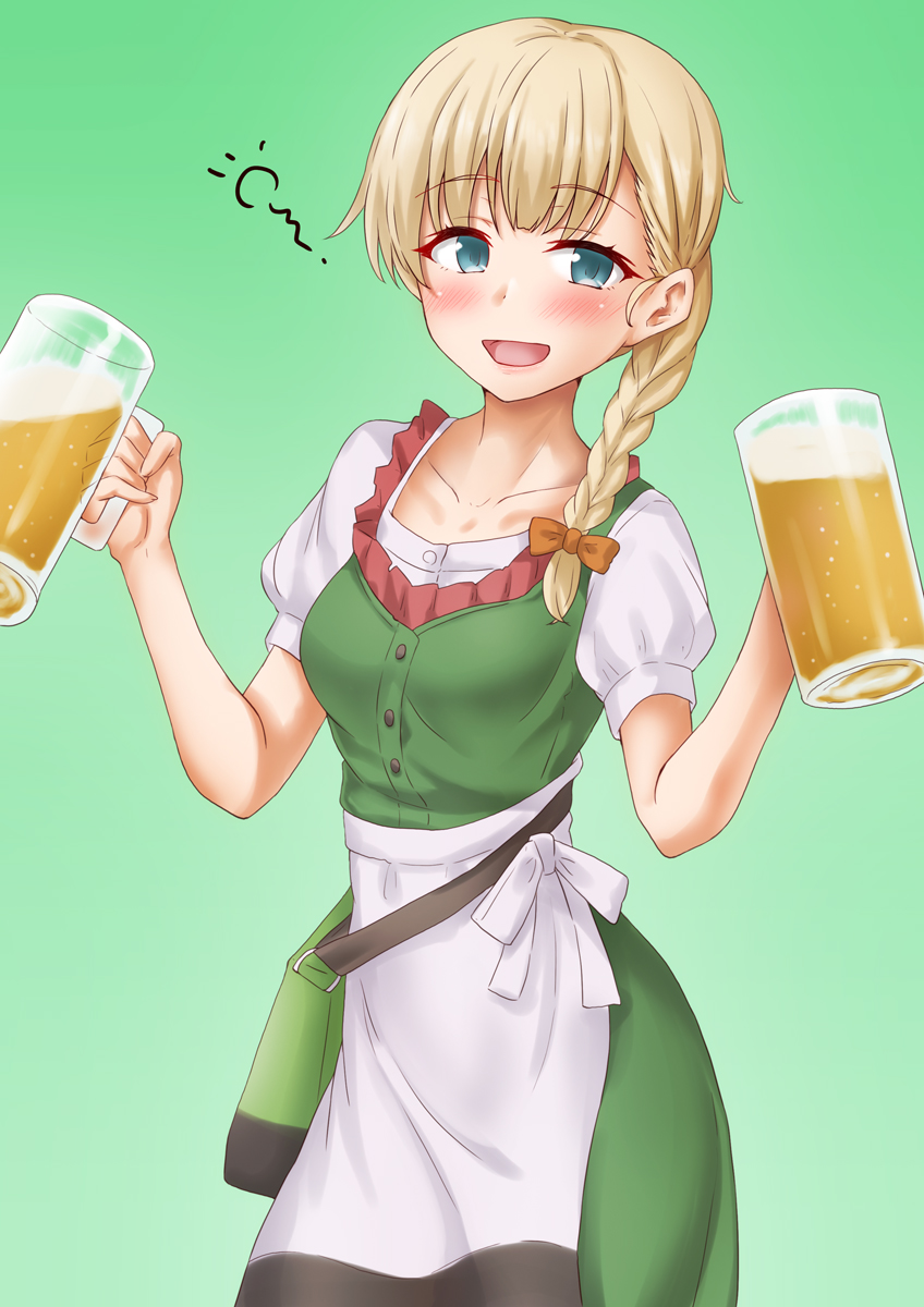 1girl, alcohol, anti_(untea9), apron, beer, beer_mug, blonde_hair, blush