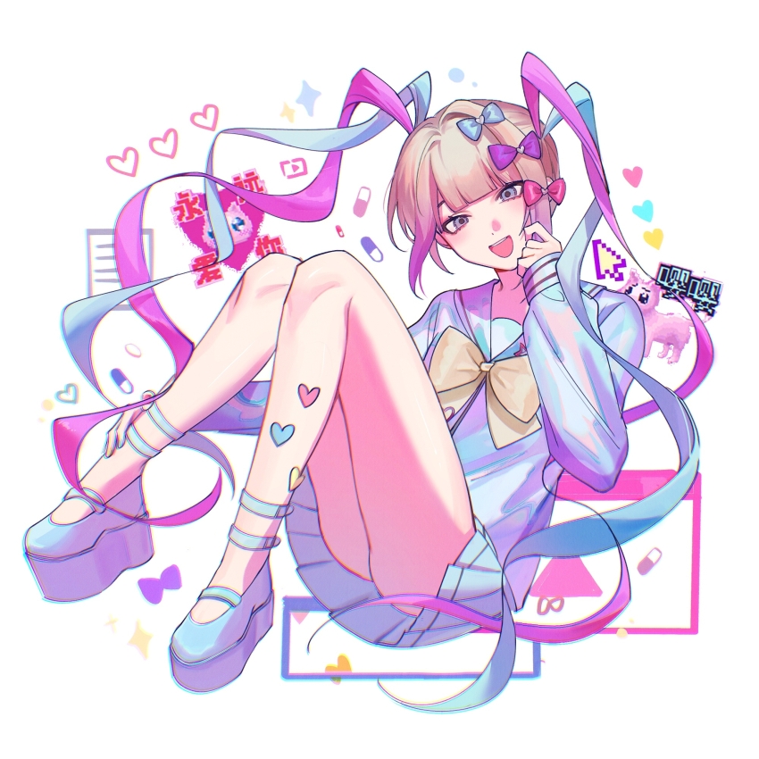 1girl, :d, ass, blonde_hair, blue_bow, blue_eyes, blue_hair, blue_nails