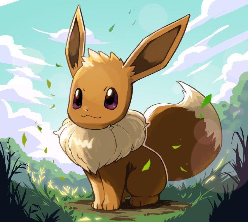 closed_mouth, day, eevee, gen_1_pokemon, grass, highres, jak_(jaksinart), leaf