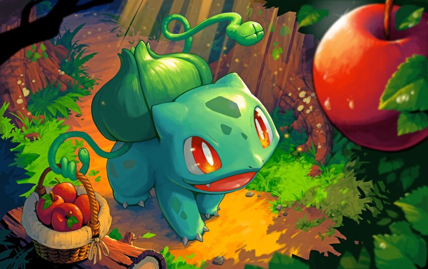 absurdres, apple, basket, bulbasaur, bush, fang, food, fruit