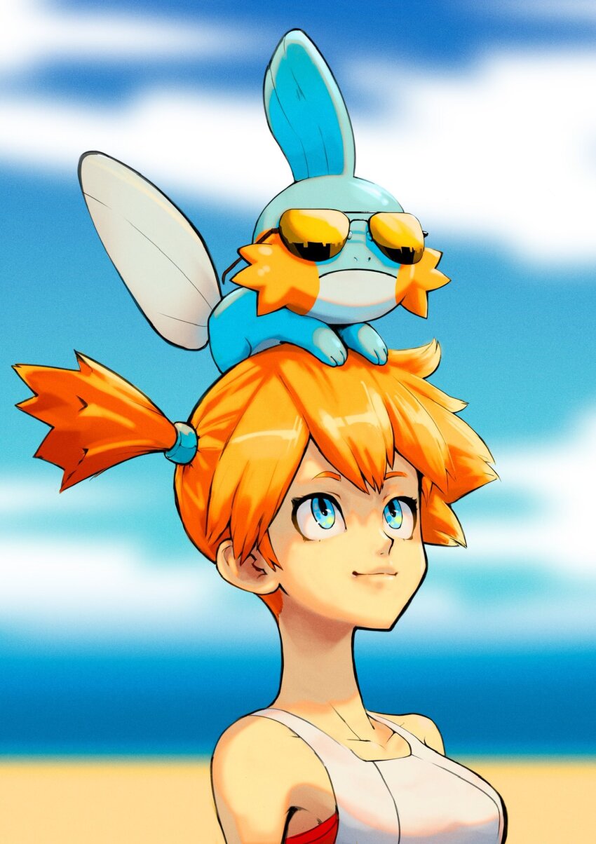 1girl, bare_shoulders, blurry, blurry_background, breasts, closed_mouth, collarbone, commentary, frown, gen_3_pokemon, highres, jak_(jaksinart), looking_up, medium_breasts, misty_(pokemon), mudkip, nintendo, on_head, orange_hair, pokemon, pokemon_(creature), pokemon:_let's_go_pikachu!_and_let's_go_eevee!, pokemon_on_head, shirt, short_hair, side_ponytail, smile, sunglasses, white_shirt