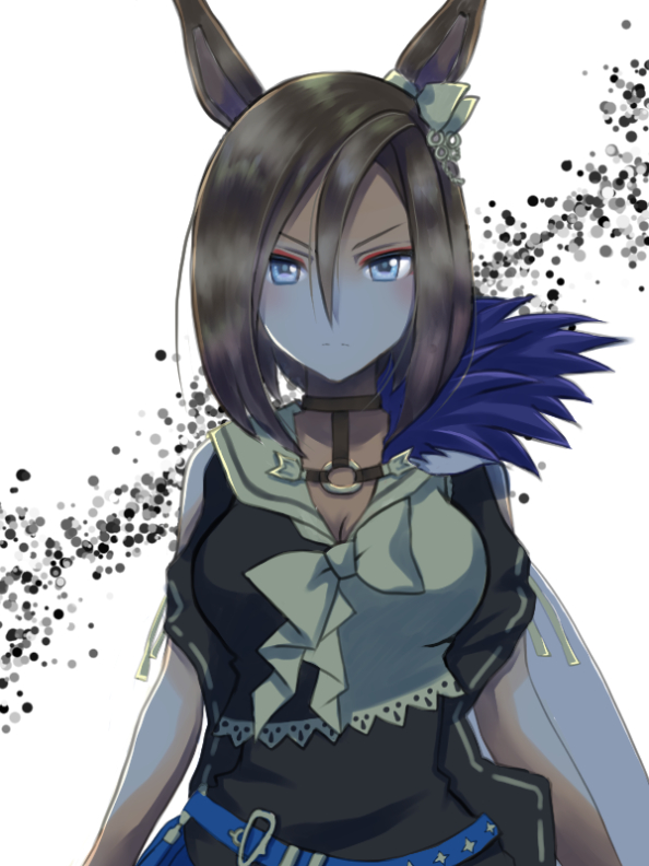 1girl, air_groove_(umamusume), animal_ears, backlighting, belt, black_shirt, blue_belt, blue_eyes, bow, brown_hair, cape, closed_mouth, commentary_request, frown, horse_ears, horse_girl, irorian, looking_at_viewer, partial_commentary, sailor_collar, shirt, short_hair, short_sleeves, solo, standing, swept_bangs, umamusume, white_cape, yellow_bow, yellow_sailor_collar