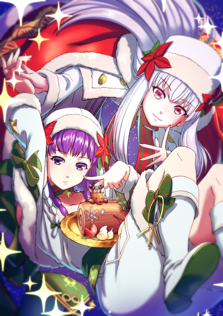 2girls, aduti_momoyama, arm_up, boots, bow, cape, choker, christmas