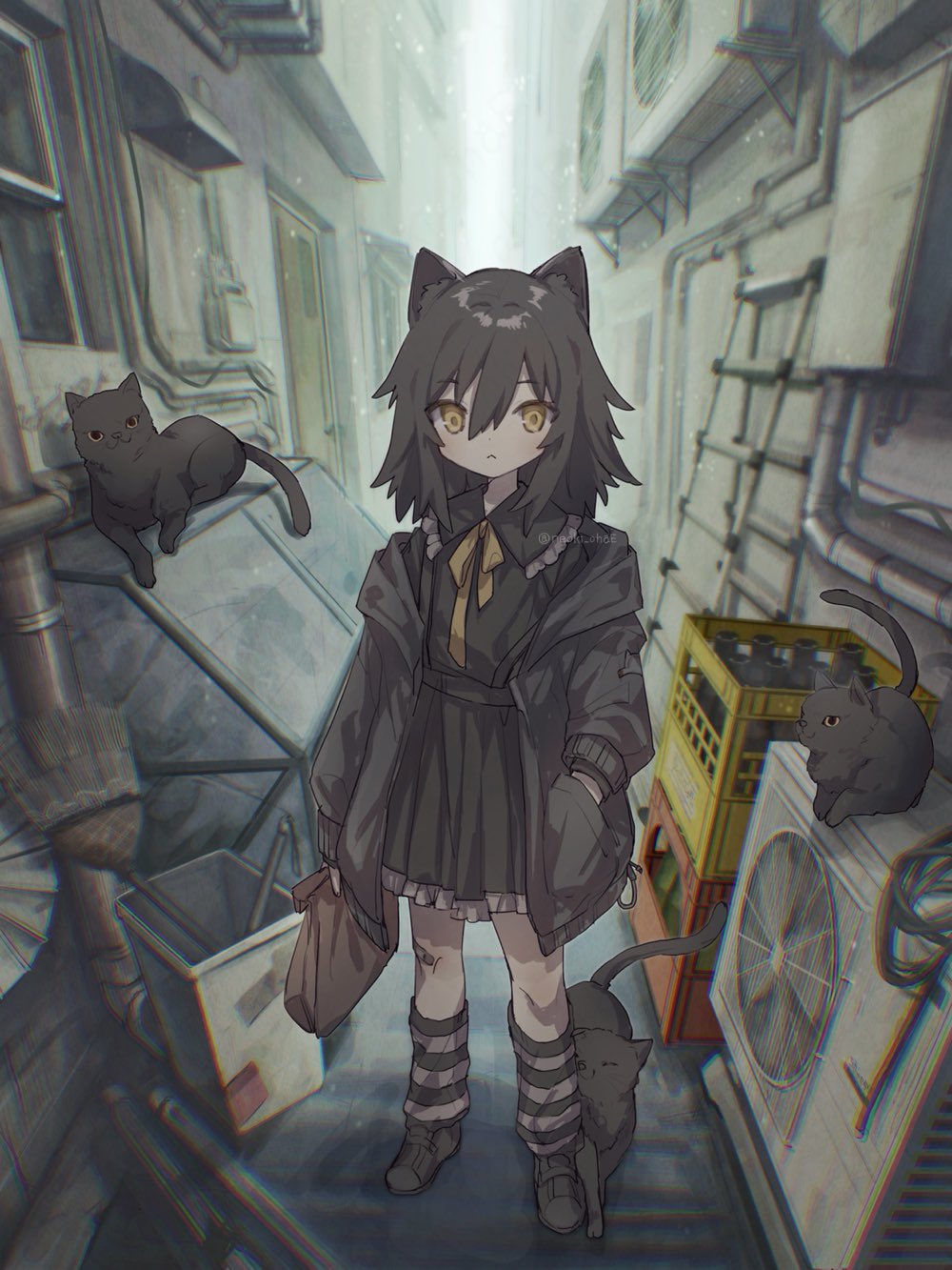 1girl, :<, air_conditioner, alley, animal, animal_ears, arm_at_side, bag, bandaid, bandaid_on_knee, bandaid_on_leg, beer_crate, black_cat, black_hair, black_jacket, black_leg_warmers, black_shirt, black_shoes, black_skirt, bottle, broken, broken_broom, broom, cat, cat_ears, chromatic_aberration, closed_mouth, commentary_request, crate, door, drainpipe, frilled_shirt, frilled_skirt, frills, grey_leg_warmers, hand_in_pocket, highres, holding, holding_bag, industrial_pipe, jacket, ladder, leg_warmers, light_particles, long_sleeves, looking_at_viewer, medium_hair, neck_ribbon, neoki_ohae, off_shoulder, original, outdoors, paper_bag, ribbon, shirt, shoes, skirt, solo, standing, striped_leg_warmers, trash_can, twitter_username, watermark, window, yellow_eyes, yellow_ribbon