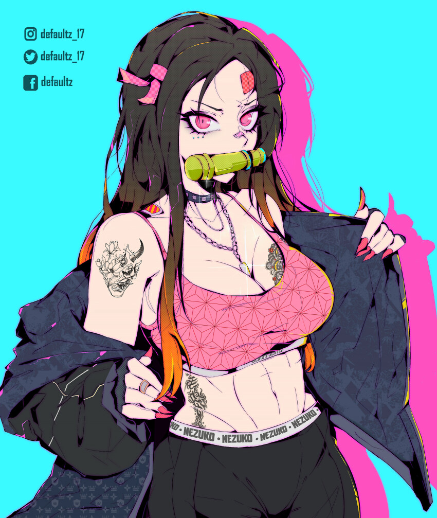 1girl, absurdres, bamboo_gag, black_hair, black_pants, blue_background, bra, breasts, cleavage, collarbone, defaultz, fingernails, gag, gagged, gradient_hair, highres, jacket, kamado_nezuko, kimetsu_no_yaiba, large_breasts, multicolored_hair, pants, pink_bra, pink_eyes, pink_nails, red_hair, sharp_fingernails, simple_background, solo, sports_bra, tattoo, twitter_logo, underwear, watermark