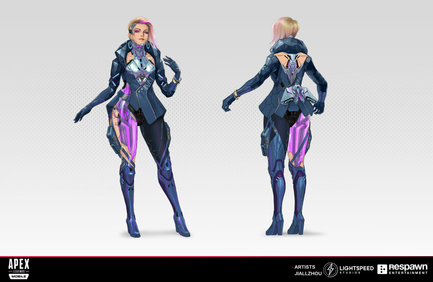 absurdres, apex_legends, apex_legends_mobile, artist_name, asymmetrical_hair, blonde_hair, blue_footwear, blue_gloves, blue_jacket, bracelet, breasts, collarbone, commentary, cyborg, earrings, english_commentary, eyeshadow, full_body, gloves, high_heels, highres, hoop_earrings, jacket, jewelry, loba_(apex_legends), makeup, medium_breasts, multicolored_hair, multiple_views, official_alternate_costume, open_hands, pink_hair, prima_danger_loba, purple_eyes, purple_eyeshadow, reference_sheet, sidecut, smile, streaked_hair, undercut, zhoujialin
