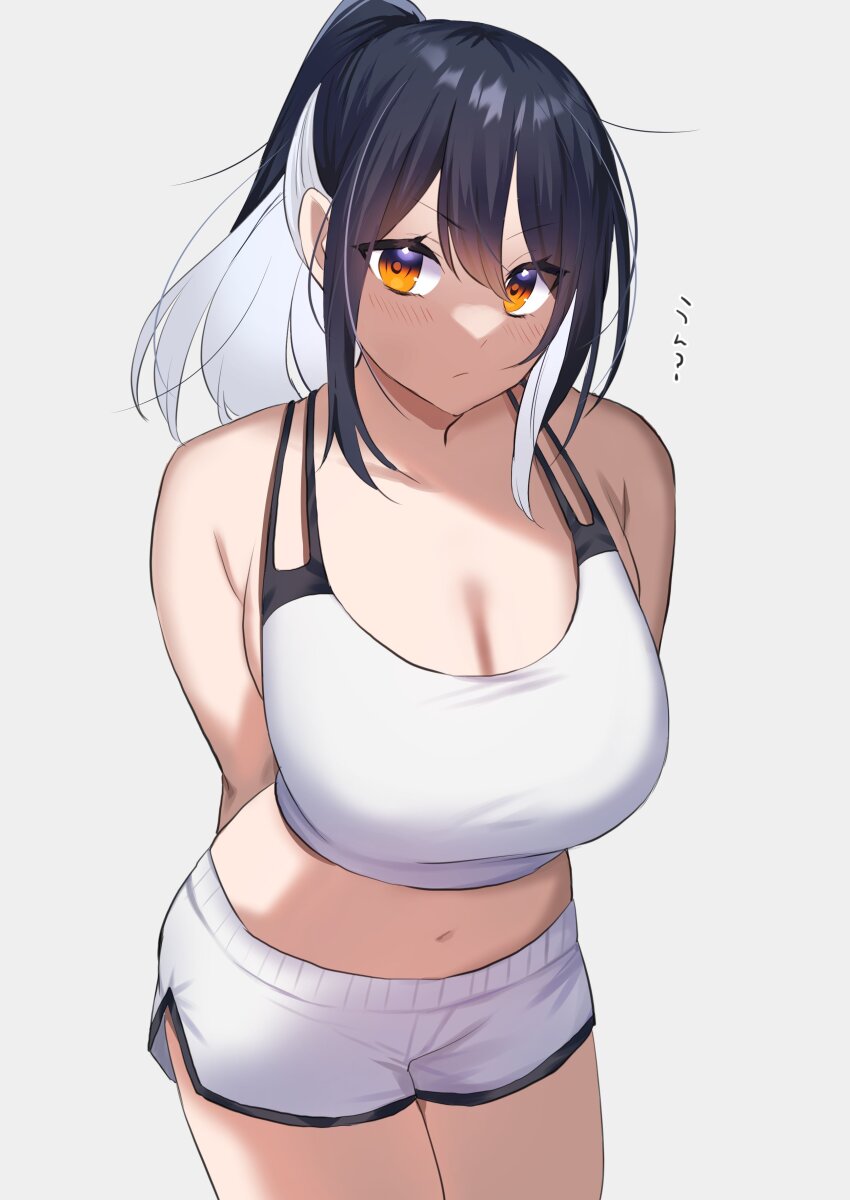 1girl, absurdres, arms_behind_back, bare_shoulders, black_hair, blush, breasts, cleavage