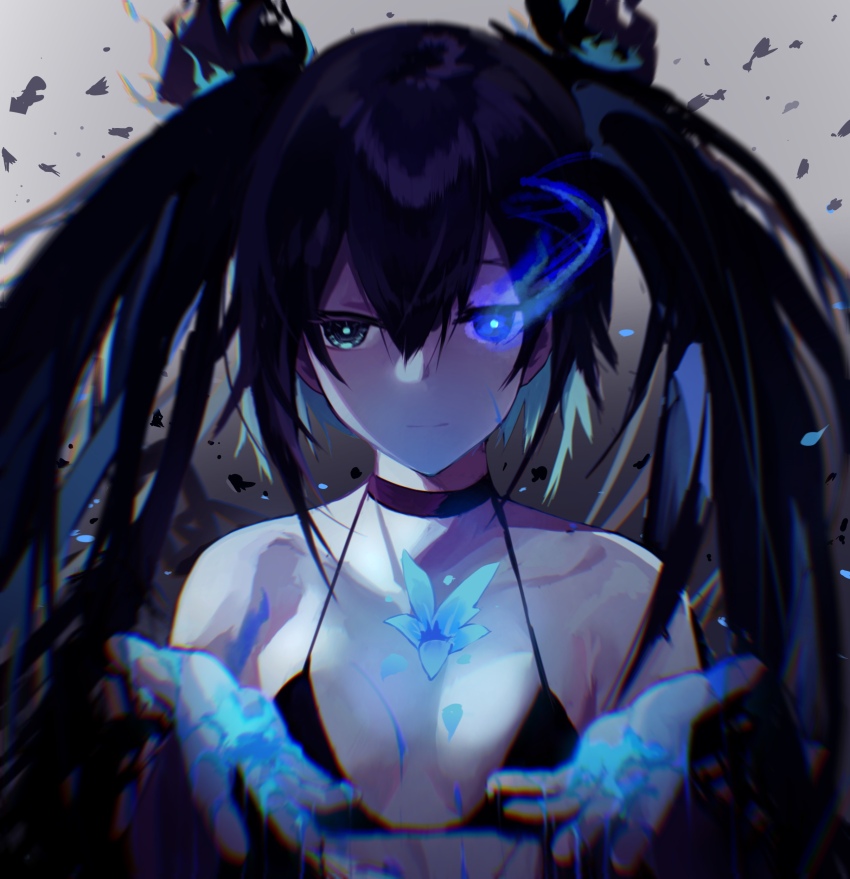 1girl, absurdres, bikini, black_bikini, black_choker, black_hair, black_rock_shooter, black_rock_shooter_(character), blue_eyes, breasts, choker, cleavage, closed_mouth, collarbone, flaming_eye, grey_background, hair_between_eyes, heterochromia, highres, long_hair, looking_at_viewer, qian_deng_bai_wang, small_breasts, solo, spaghetti_strap, swimsuit, twintails, upper_body