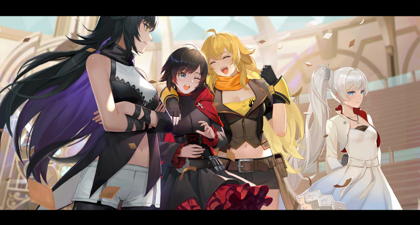 4girls, :d, ;d, arms_behind_back, belt, belt_buckle, black_border, black_dress, black_gloves, black_hair, black_pantyhose, black_shorts, blake_belladonna, blonde_hair, blue_dress, blue_eyes, blush, border, breasts, brown_belt, buckle, cleavage, closed_eyes, closed_mouth, collarbone, colored_inner_hair, cowboy_shot, crossed_arms, day, dress, fingerless_gloves, floating_hair, frilled_sleeves, frills, gloves, gradient_clothes, gradient_dress, gradient_hair, grey_eyes, highres, jewelry, large_breasts, layered_dress, letterboxed, long_hair, long_sleeves, medium_breasts, midriff, multicolored_hair, multiple_girls, navel, one_eye_closed, open_mouth, orange_scarf, outdoors, pantyhose, pantyhose_under_shorts, pendant, purple_hair, red_hair, ruby_rose, rwby, scarf, short_dress, short_hair, short_shorts, shorts, shrug_(clothing), side_ponytail, small_breasts, smile, standing, stomach, thigh_gap, two-tone_hair, underbust, very_long_hair, wang_xiao_jun, weiss_schnee, white_dress, white_hair, white_shorts, yang_xiao_long, yellow_eyes