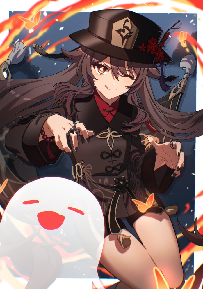 1girl, bead_bracelet, beads, black_hat, black_nails, black_shorts, boo_tao_(genshin_impact), bracelet, breasts, brown_hair, chinese_clothes, coattails, collared_coat, collared_shirt, flower, flower-shaped_pupils, genshin_impact, ghost, ghost_pose, hat, hat_flower, hu_tao_(genshin_impact), jewelry, long_hair, mm_(motot), multiple_rings, one_eye_closed, plum_blossoms, porkpie_hat, red_shirt, ring, shirt, shorts, small_breasts, solo, symbol-shaped_pupils, tailcoat, thumb_ring, tongue, tongue_out, very_long_hair
