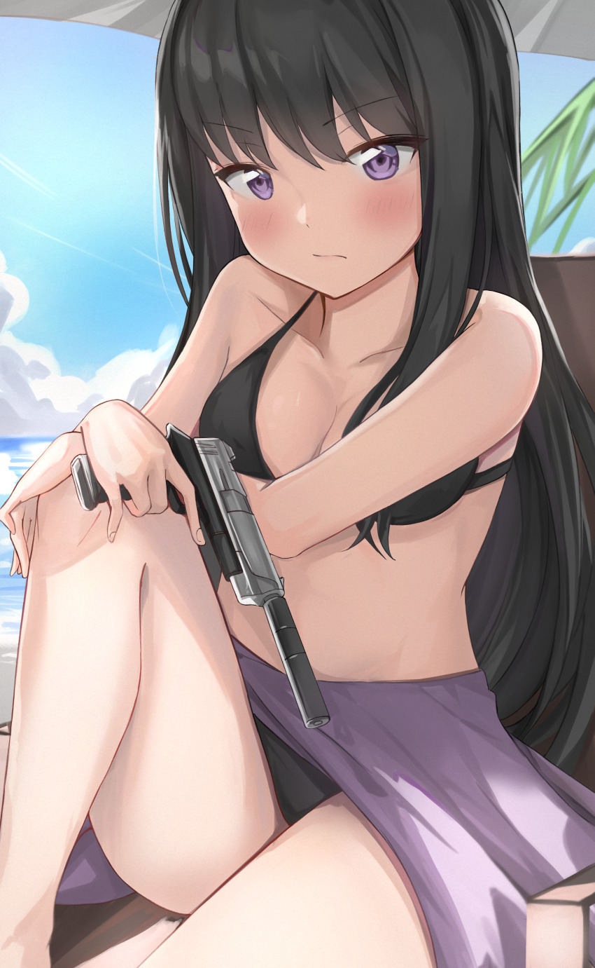 absurdres, bare_arms, bare_legs, bare_shoulders, beach, bikini, black_bikini, black_hair