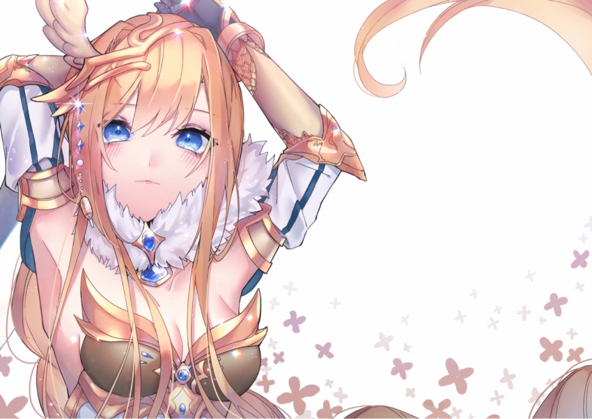 1girl, alice_zuberg, alternate_costume, arm_behind_head, arm_warmers, armor, armpits, arms_up