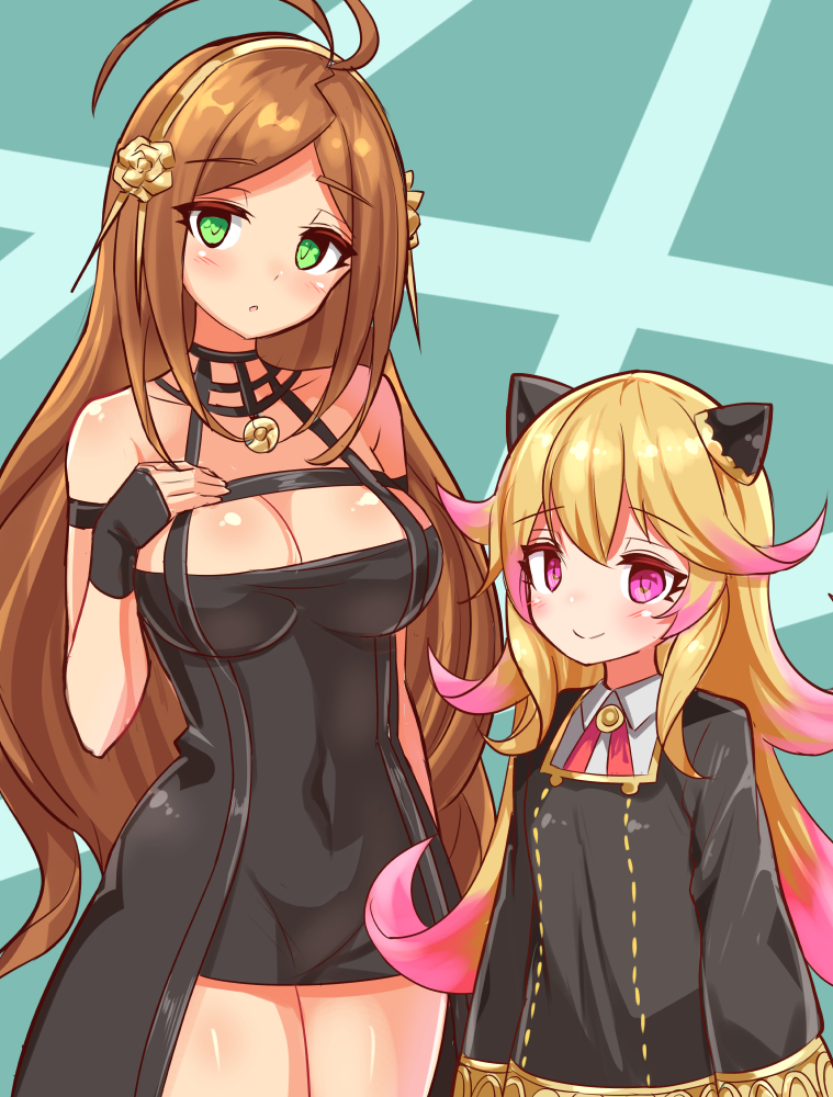 2girls, anya_(spy_x_family), anya_(spy_x_family)_(cosplay), azure_striker_gunvolt, azure_striker_gunvolt_2, bare_shoulders, blonde_hair, breasts