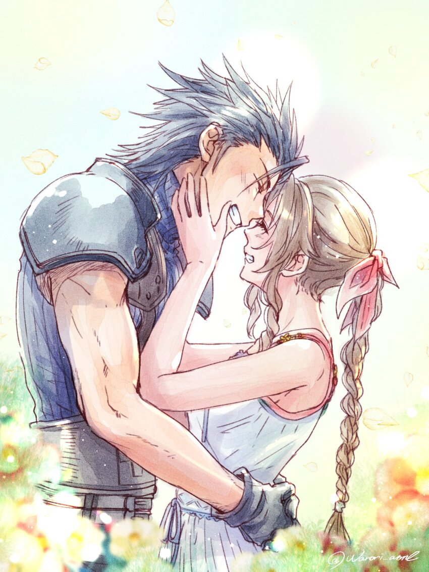 1boy, 1girl, aerith_gainsborough, armor, arms_around_another's_waist, bare_arms, bare_shoulders, belt