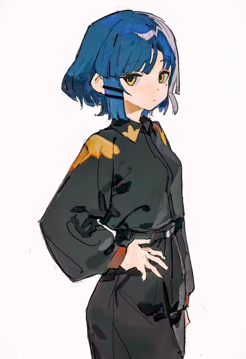 1girl, black_pants, black_shirt, blue_hair, bocchi_the_rock!, closed_mouth, cowboy_shot, expressionless, from_side, grey_background, hand_on_own_hip, high-waist_pants, highres, long_sleeves, looking_at_viewer, mole, mole_under_eye, orniflop, pants, shirt, short_hair, simple_background, solo, yamada_ryo, yellow_eyes