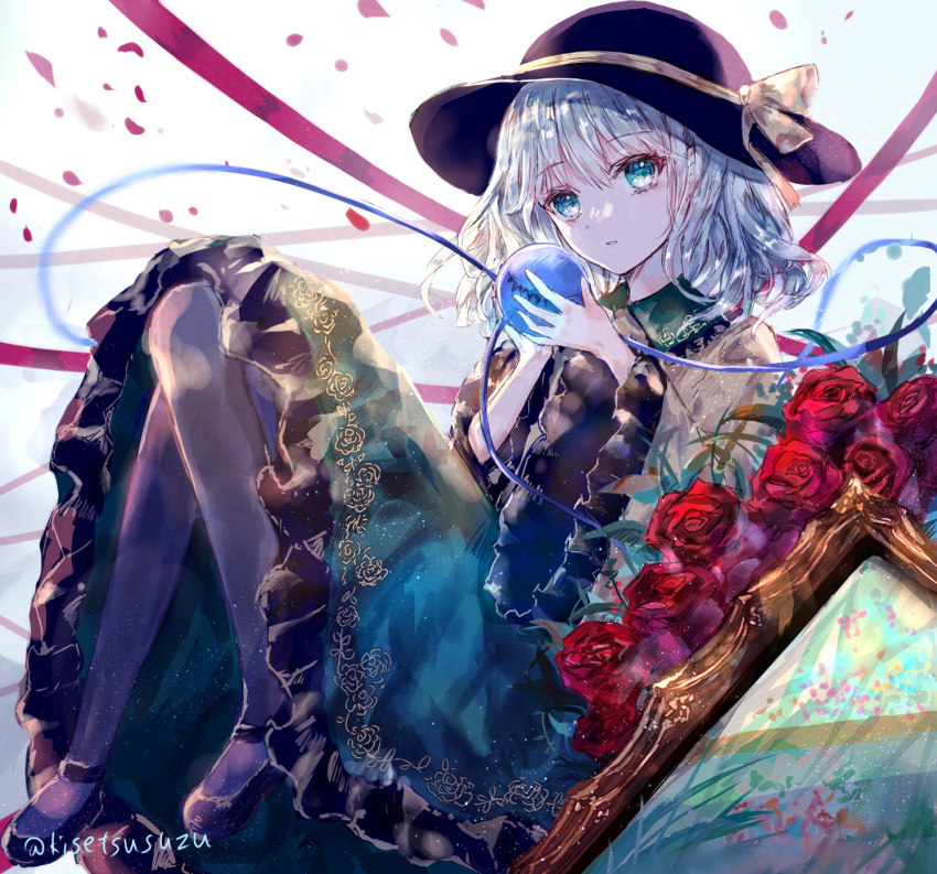 1girl, black_hat, black_pantyhose, black_shoes, blouse, bow, expressionless, eyeball