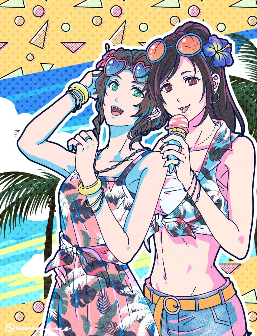 2girls, aerith_gainsborough, alternate_costume, arm_around_another's_waist, bare_shoulders, beach, belt, black_hair