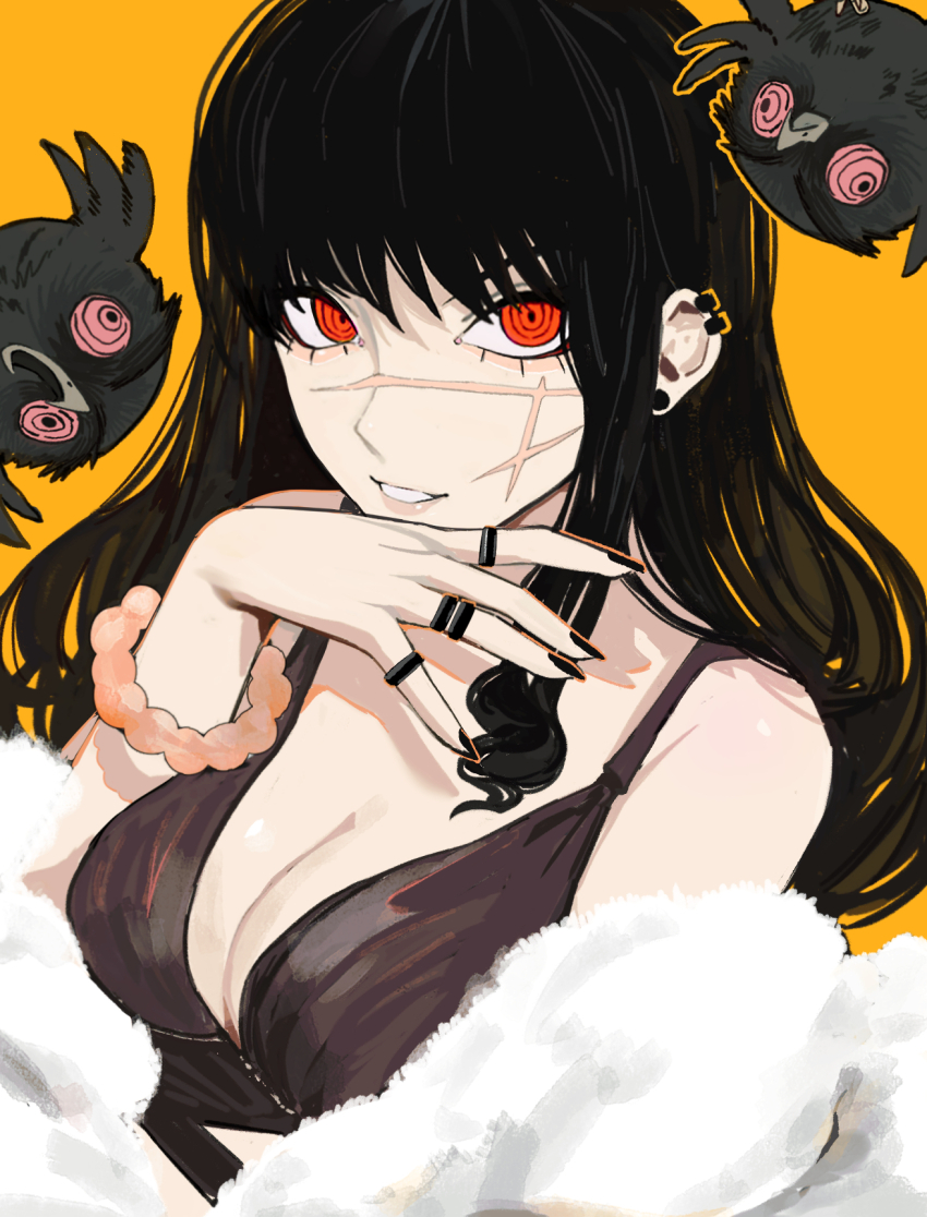 1girl, aegyo_sal, bare_shoulders, bird, black_dress, black_hair, black_nails, bracelet