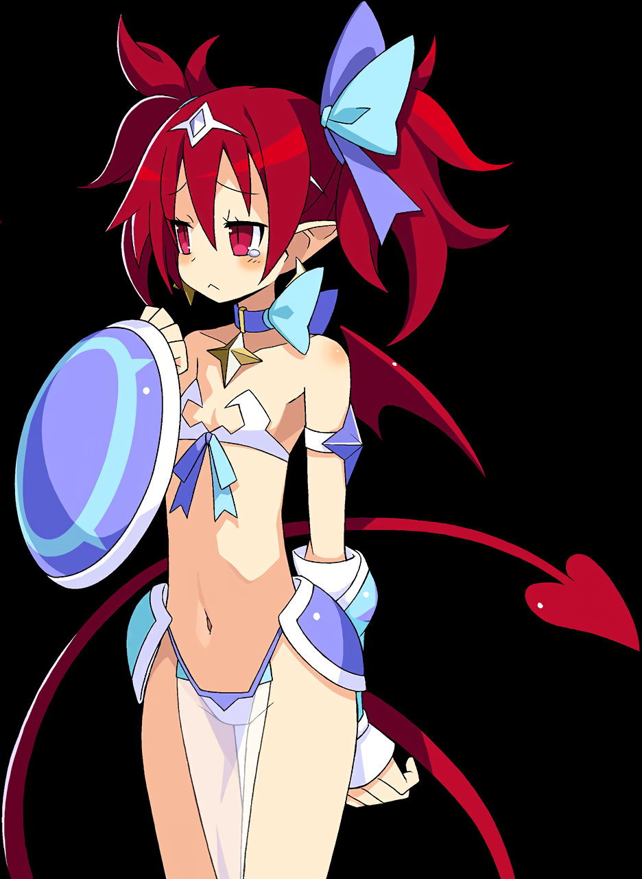 1girl, bikini, black_background, blush, collar, cowboy_shot, demon_girl, demon_tail, demon_wings, disgaea, disgaea_rpg, earrings, etna_(disgaea), headpiece, highres, holding, holding_shield, jewelry, long_hair, navel, non-web_source, official_art, pelvic_curtain, photoshop_(medium), pointy_ears, red_eyes, red_hair, red_tail, red_wings, saint_etna_(beach)_(disgaea), saint_etna_(disgaea), see-through_clothes, shield, simple_background, solo, standing, swimsuit, tail, tears, twintails, wings