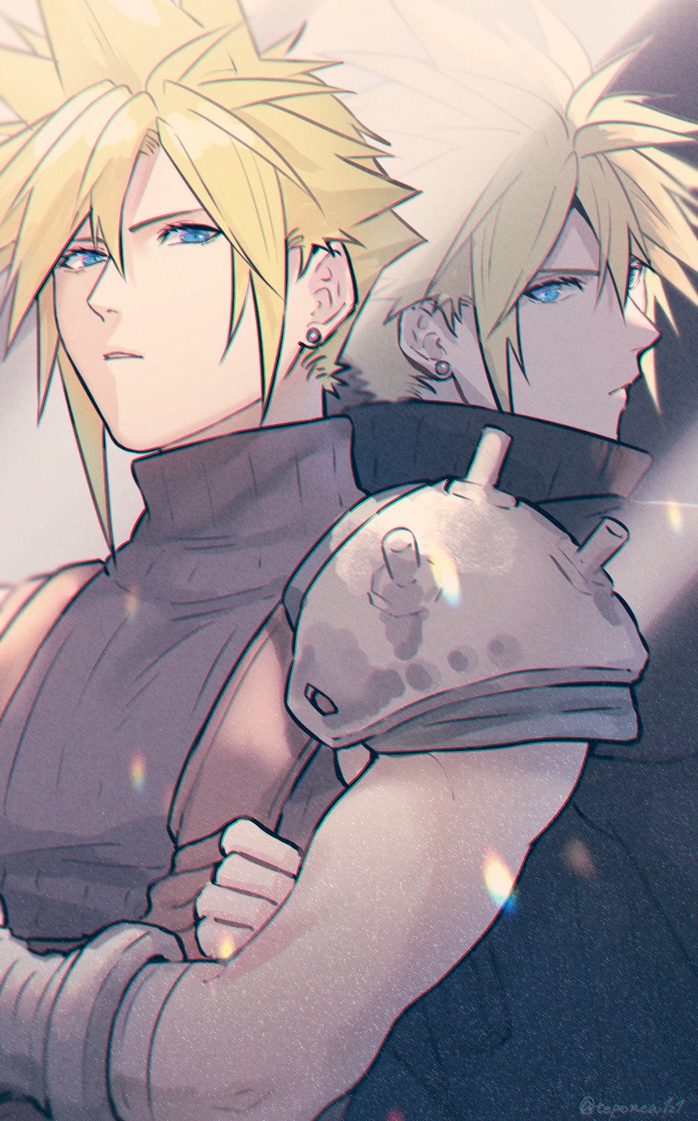 1boy, age_comparison, armor, back-to-back, black_shirt, blonde_hair, blue_eyes, blue_shirt