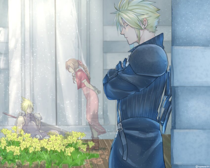 1boy, 1girl, aerith_gainsborough, armor, arms_behind_back, black_gloves, black_shirt, black_sleeves, blonde_hair, blue_pants, braid, braided_ponytail, brown_footwear, brown_hair, buster_sword, church, closed_eyes, cloud_strife, cropped_jacket, detached_sleeves, dress, earrings, final_fantasy, final_fantasy_vii, final_fantasy_vii:_advent_children, flower, flower_bed, full_body, ghost, gloves, hair_between_eyes, hair_ribbon, high_collar, highres, jacket, jewelry, leaning_forward, lily_(flower), long_dress, long_hair, pants, pink_dress, pink_ribbon, red_jacket, rei_(teponea121), remembering, ribbon, shirt, short_hair, short_sleeves, shoulder_armor, sidelocks, single_detached_sleeve, single_earring, sitting, sleeveless, sleeveless_turtleneck, spiked_hair, square_enix, sunlight, turtleneck, twitter_username, upper_body, waist_cape, weapon, weapon_on_back, yellow_flower