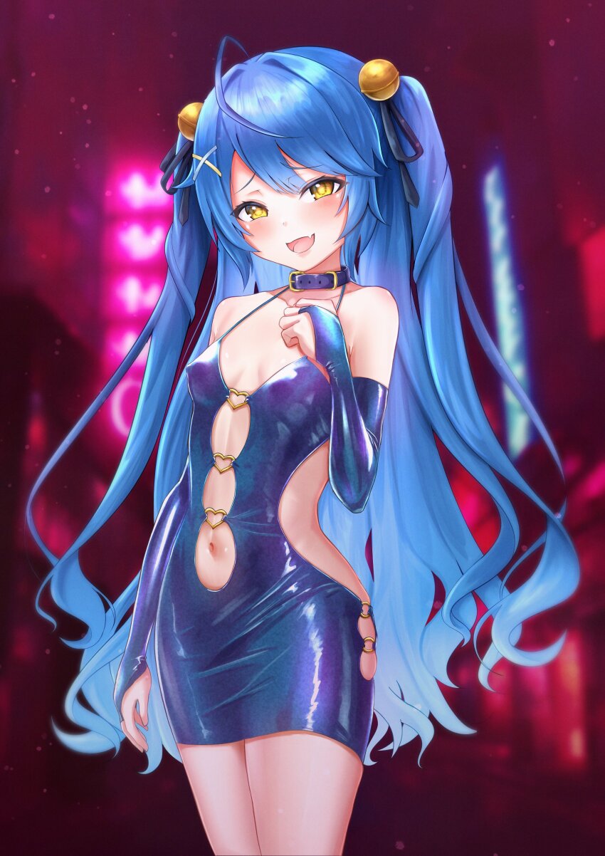 1girl, absurdres, ahoge, amamiya_kokoro, armpit_crease, bare_shoulders, bell, blue_collar