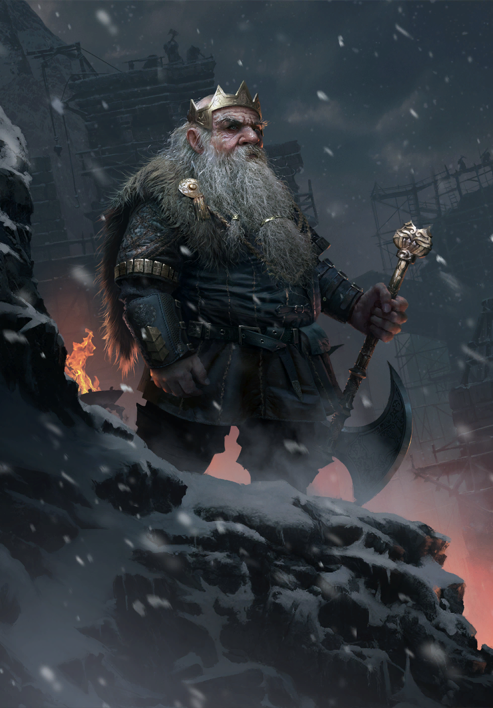 1boy, axe, beard, blizzard, brouver_hoog, crown, dwarf, facial_hair, fire, frost, frozen, gwent_(game), highres, holding, holding_axe, holding_weapon, looking_ahead, male_focus, night, non-web_source, outdoors, rock, sky, snowing, solo, the_witcher_(series), weapon