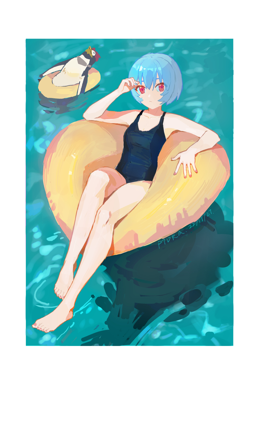 1girl, absurdres, ayanami_rei, barefoot, bird, blue_hair, chinese_commentary, commentary, dated, feet, floating, highres, looking_at_viewer, neon_genesis_evangelion, one-piece_swimsuit, penguin, penpen, ptdra, red_eyes, shadow, swimsuit, water