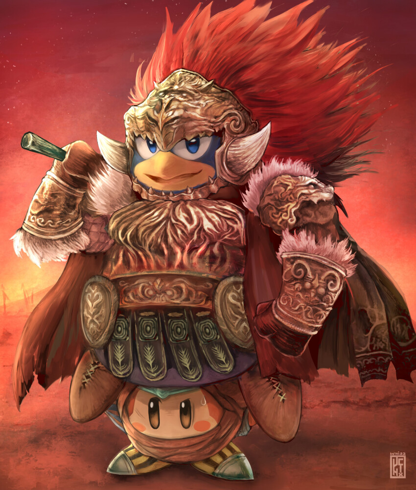 1boy, alternate_costume, arm_at_side, armor, artist_name, bandana, bandana_waddle_dee, belt, big_hair, blue_eyes, blue_fur, blush_stickers, body_fur, breastplate, brown_footwear, brown_gloves, cape, carrying, cosplay, cross-laced_footwear, day, elden_ring, fur-trimmed_armor, fur_trim, furry, furry_male, gloves, gradient_sky, hand_up, happy, helmet, highres, holding, holding_weapon, king_dedede, kirby_(series), looking_at_viewer, male_focus, nintendo, open_mouth, orange_eyes, outdoors, over_shoulder, red_background, red_cape, red_hair, red_headwear, red_sky, red_theme, shoes, shoulder_armor, signature, sky, smile, spikes, standing_on_person, starscourge_radahn, starscourge_radahn_(cosplay), striped_clothes, striped_footwear, sweat, torn_cape, torn_clothes, uchi_vs_the_world, vambraces, watermark, weapon, weapon_over_shoulder, witch-hunter_jerren, witch-hunter_jerren_(cosplay), yellow_shoes