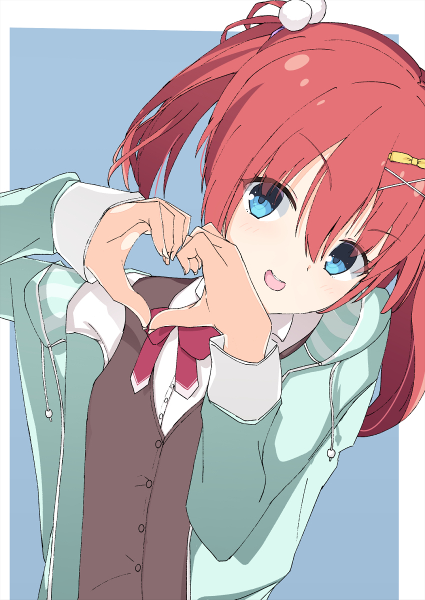 >:), 1girl, blue_background, blue_eyes, blue_hoodie, blush, bow, bowtie