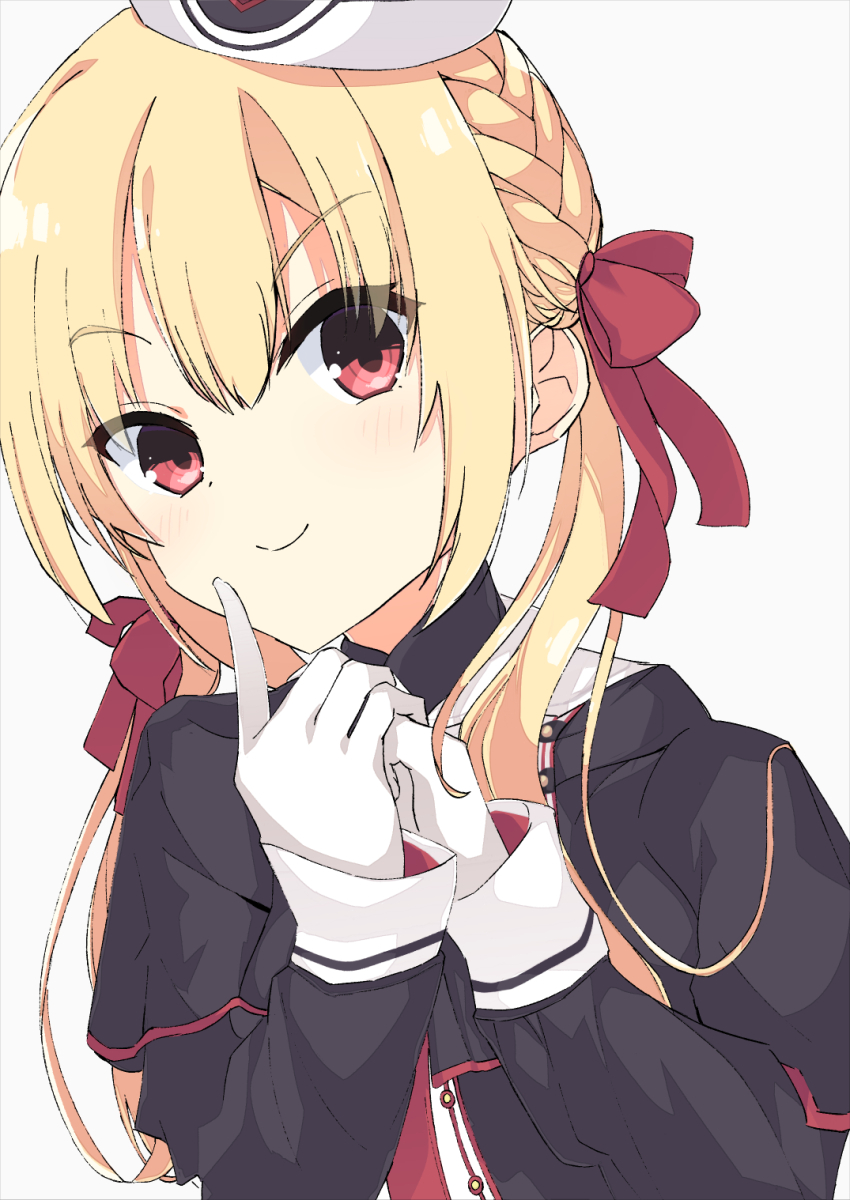 >:), 1girl, arihara_nanami, beret, black_capelet, black_jacket, blush, braid