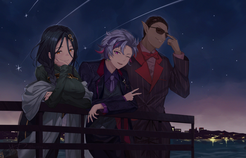1girl, 2boys, ;d, against_railing, black_hair, dark-skinned_male, dark_skin, formal_clothes